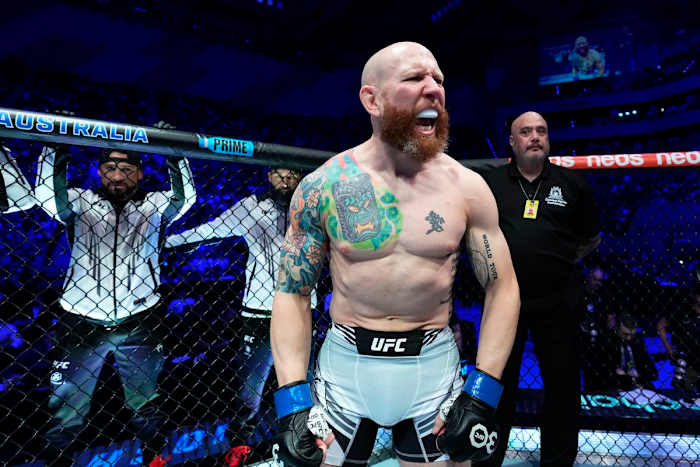 Josh Emmett during Octagon introductions for his UFC fight.